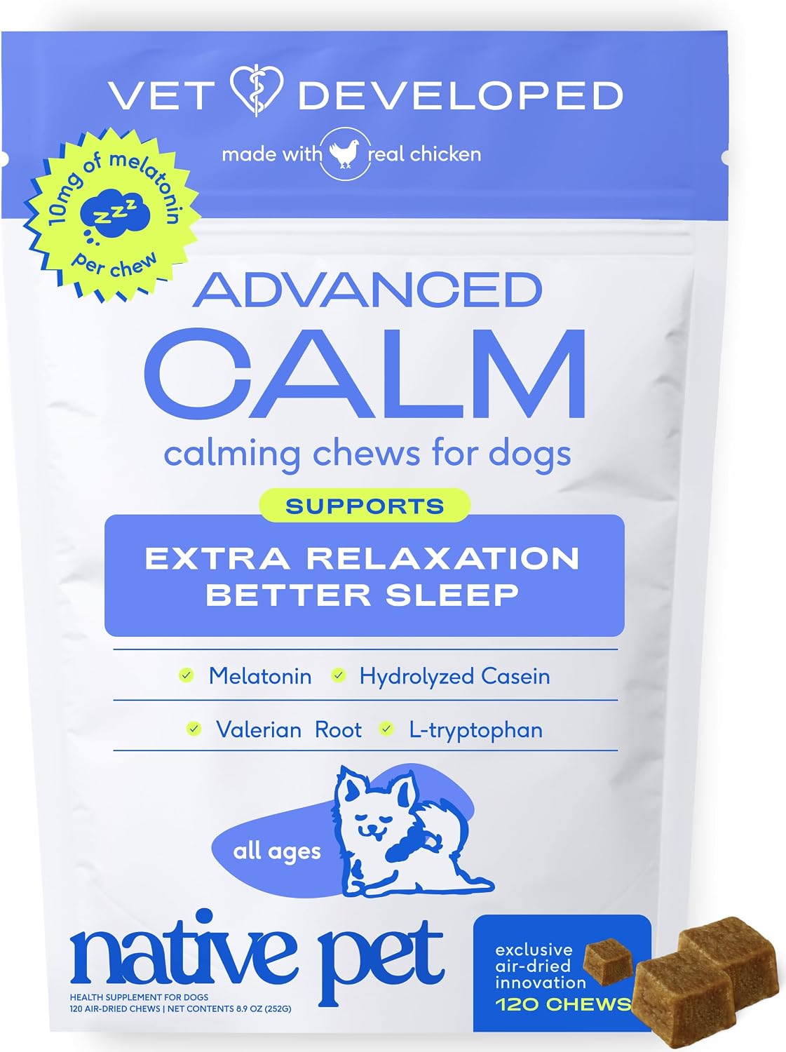 Calming Chews for Dogs - Promotes Calming Effect, Supports Emotional Balance & Reduces Hyperactivity - Hemp Seed, Melatonin for Dogs, L-Theanine & Casein - Air-Dried 30 Chews