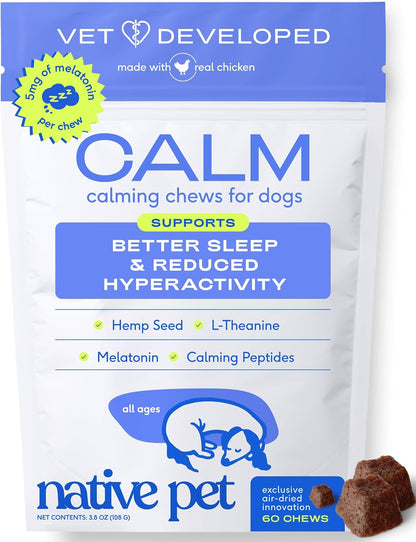 Calming Chews for Dogs - Promotes Calming Effect, Supports Emotional Balance & Reduces Hyperactivity - Hemp Seed, Melatonin for Dogs, L-Theanine & Casein - Air-Dried 30 Chews