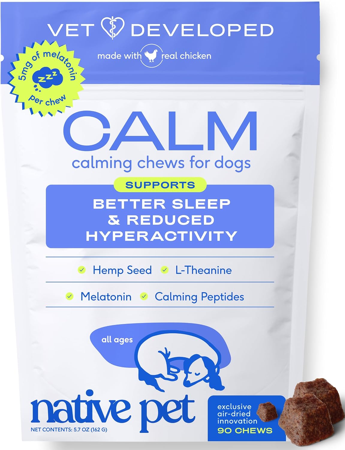 Calming Chews for Dogs - Promotes Calming Effect, Supports Emotional Balance & Reduces Hyperactivity - Hemp Seed, Melatonin for Dogs, L-Theanine & Casein - Air-Dried 30 Chews