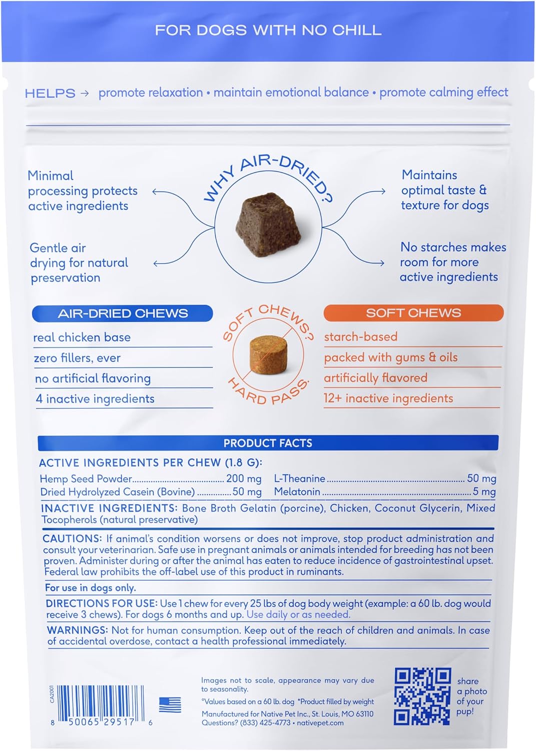 Calming Chews for Dogs - Promotes Calming Effect, Supports Emotional Balance & Reduces Hyperactivity - Hemp Seed, Melatonin for Dogs, L-Theanine & Casein - Air-Dried 30 Chews