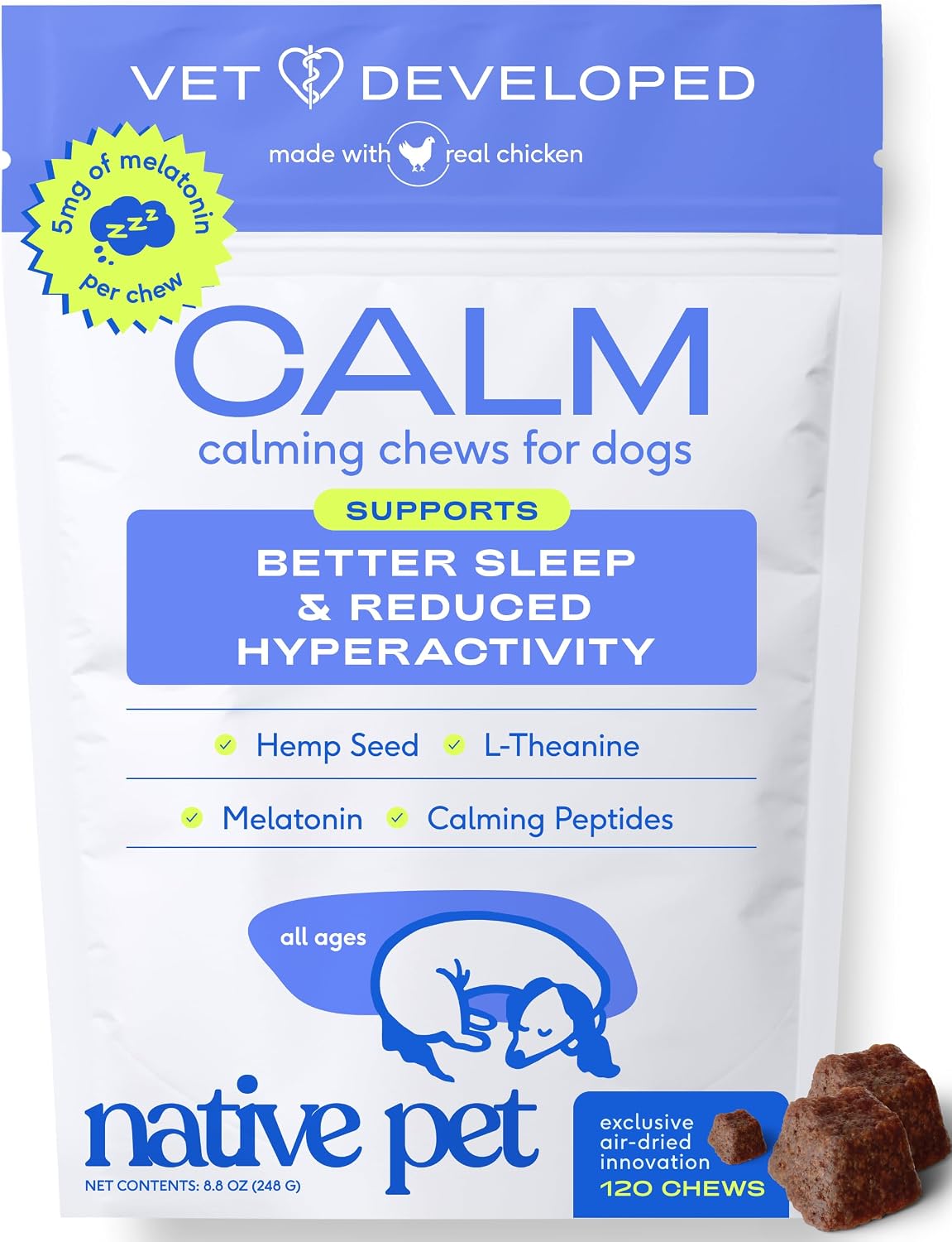 Calming Chews for Dogs - Promotes Calming Effect, Supports Emotional Balance & Reduces Hyperactivity - Hemp Seed, Melatonin for Dogs, L-Theanine & Casein - Air-Dried 30 Chews
