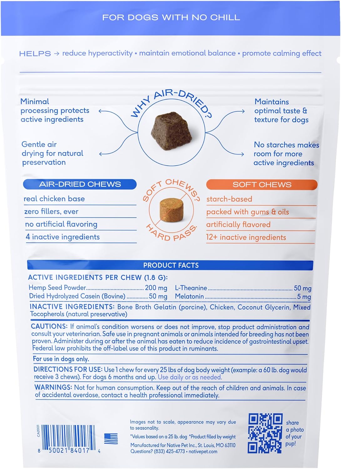 Calming Chews for Dogs - Promotes Calming Effect, Supports Emotional Balance & Reduces Hyperactivity - Hemp Seed, Melatonin for Dogs, L-Theanine & Casein - Air-Dried 30 Chews