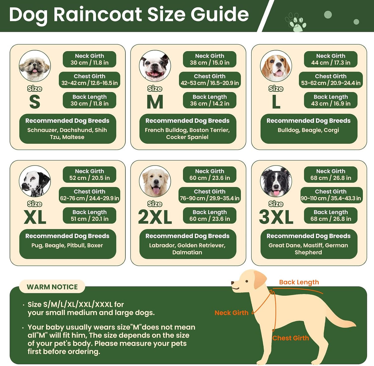 Dog Raincoat, Waterproof Rain Jacket with Hood, Green, S