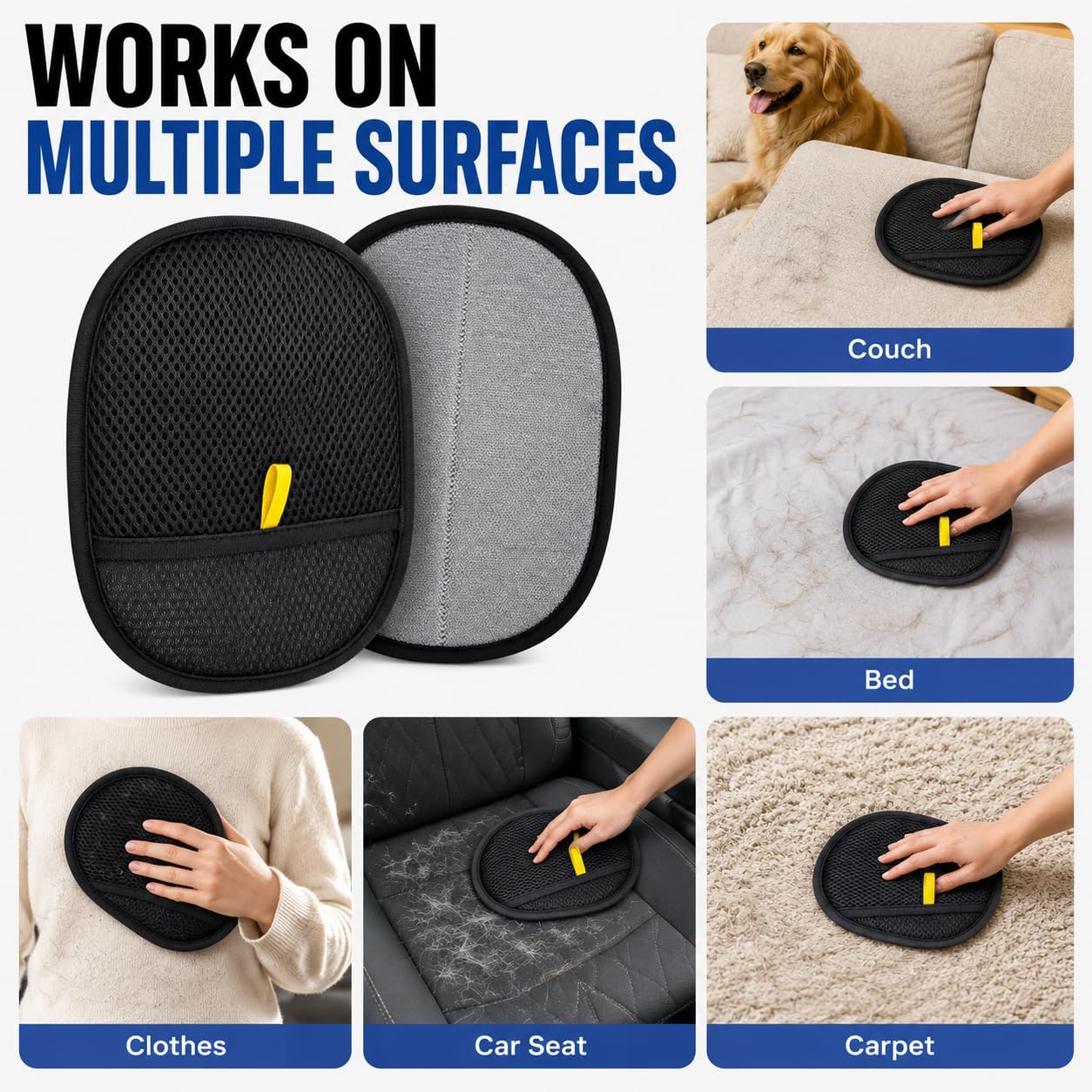2 Pack Pet Hair Remover Mitts for Couch, Reusable Dog & Cat Hair Remover Gloves for Furniture, Clothes, Carpet, Bedding and Car Seats, Washable Lint Cleaner for Pet Fur