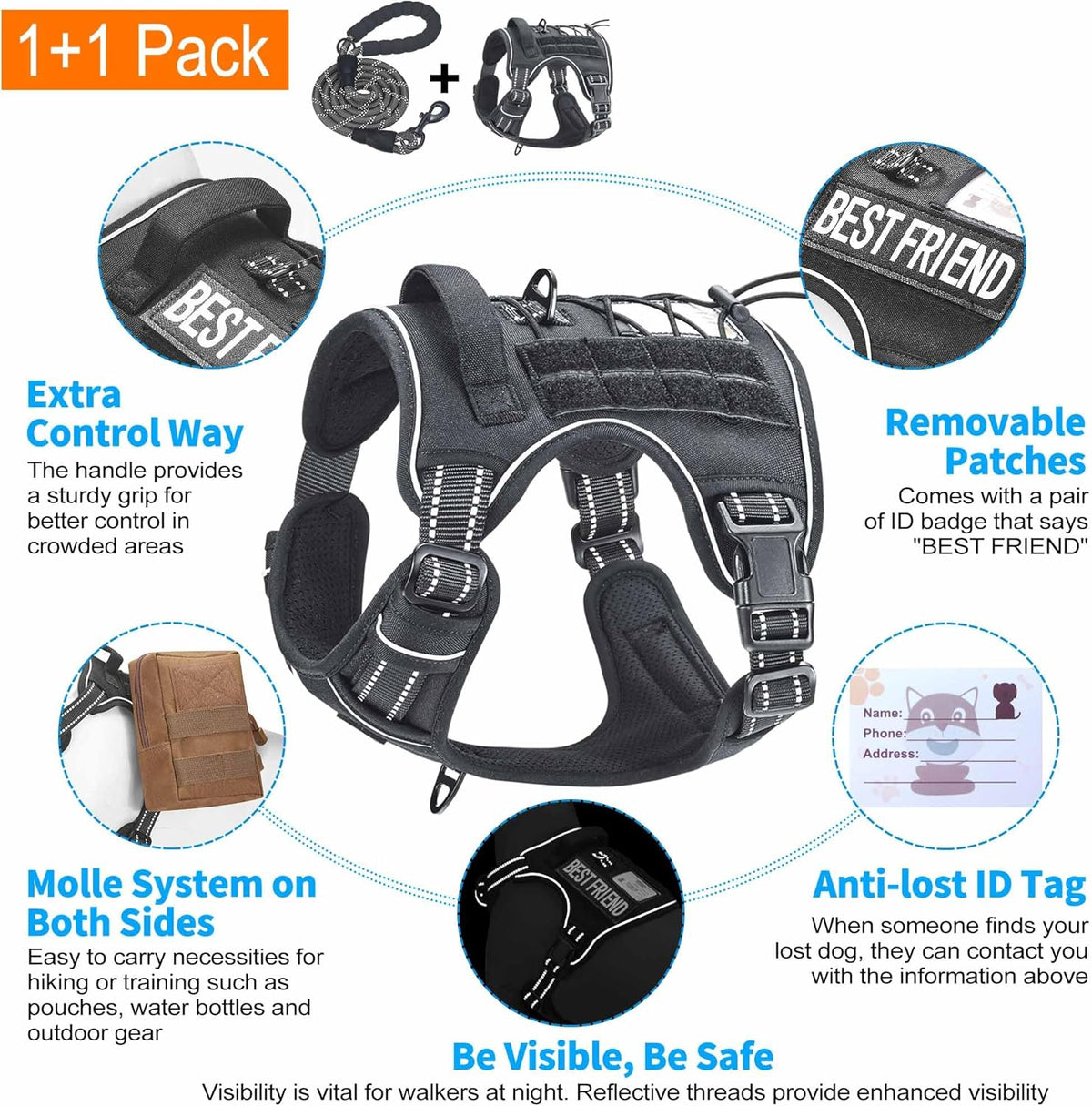 Beebiepet Heavy Duty Tactical Dog Harness for Small Dogs, No Pull Adjustable Pet Harness Reflective Service Training Easy Control Pet Vest Military K9 Working Dog Harnesses- Large, Brown