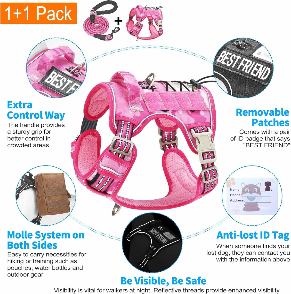 Beebiepet Heavy Duty Tactical Dog Harness for Small Dogs, No Pull Adjustable Pet Harness Reflective Service Training Easy Control Pet Vest Military K9 Working Dog Harnesses- Large, Brown