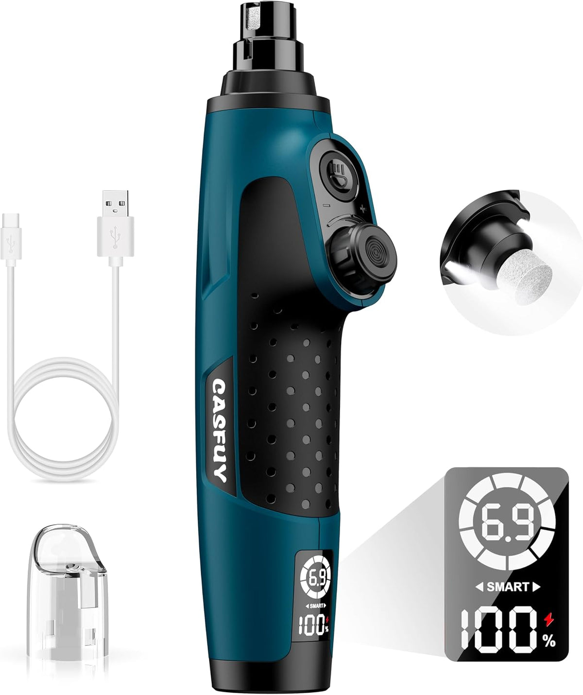 Smart 6-Speed Dog Nail Grinder - 50% More Power Pet Nail Grinder with 2 LED Lights Quiet Rechargeable Electric Dog Nail Trimmers File Toenail Grinder for Large Medium Small Dogs & Cats (White)