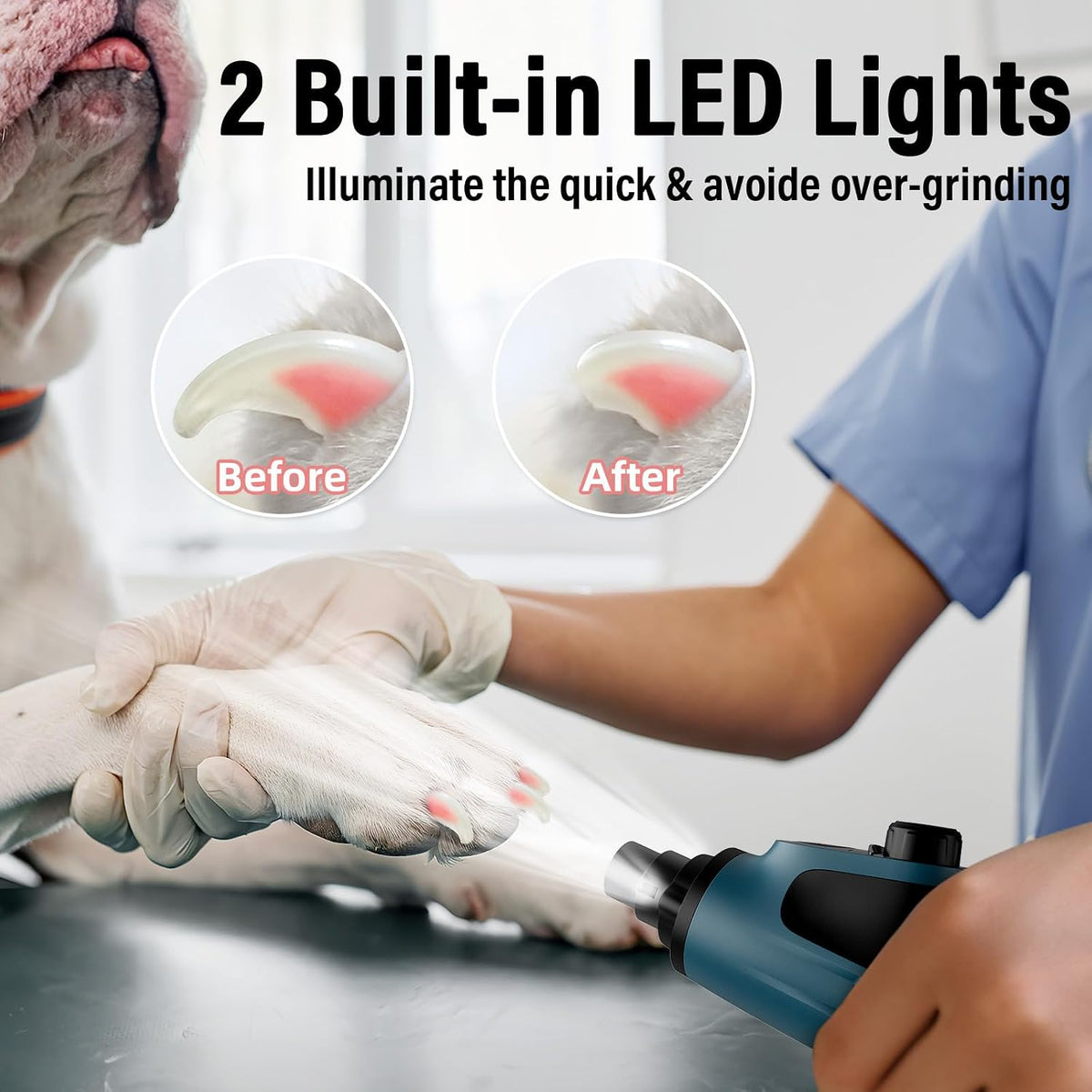 Smart 6-Speed Dog Nail Grinder - 50% More Power Pet Nail Grinder with 2 LED Lights Quiet Rechargeable Electric Dog Nail Trimmers File Toenail Grinder for Large Medium Small Dogs & Cats (White)