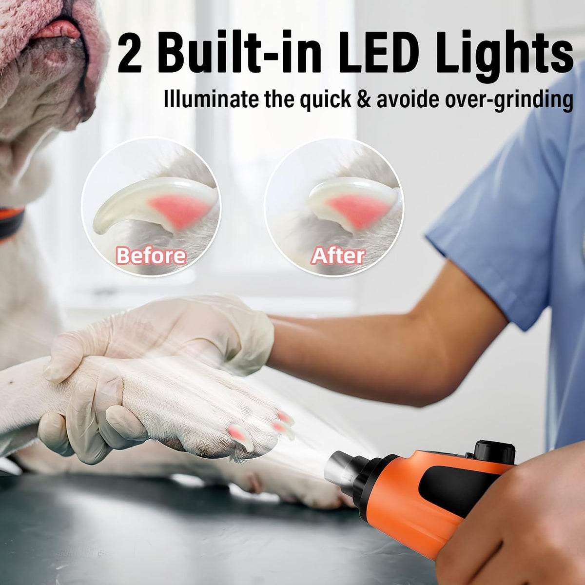 Smart 6-Speed Dog Nail Grinder - 50% More Power Pet Nail Grinder with 2 LED Lights Quiet Rechargeable Electric Dog Nail Trimmers File Toenail Grinder for Large Medium Small Dogs & Cats (White)