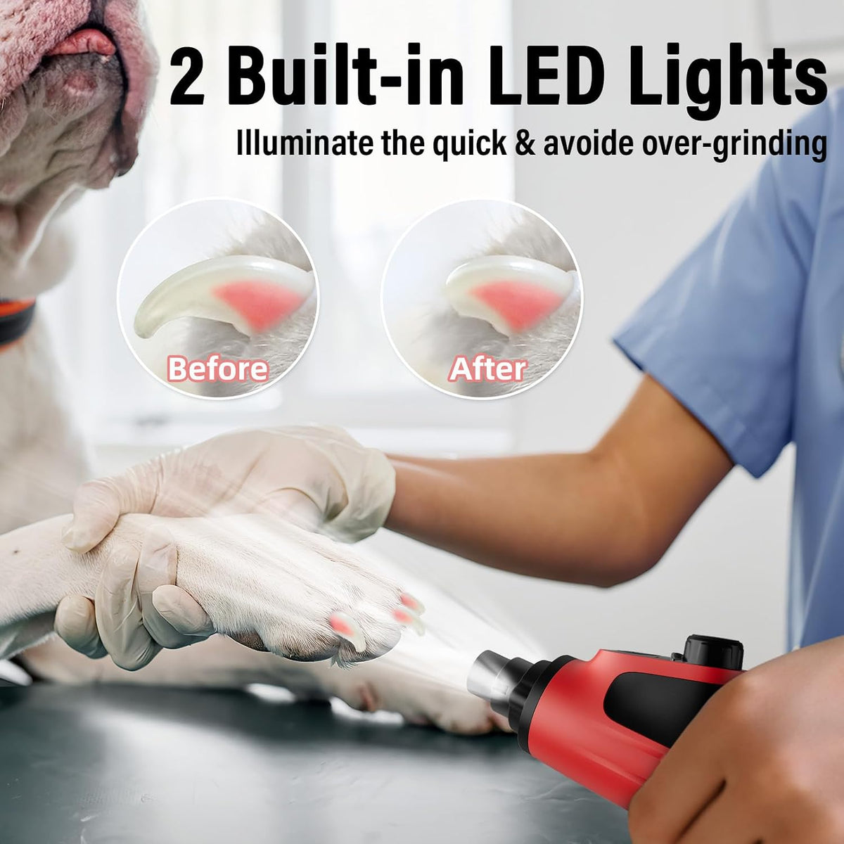 Smart 6-Speed Dog Nail Grinder - 50% More Power Pet Nail Grinder with 2 LED Lights Quiet Rechargeable Electric Dog Nail Trimmers File Toenail Grinder for Large Medium Small Dogs & Cats (White)
