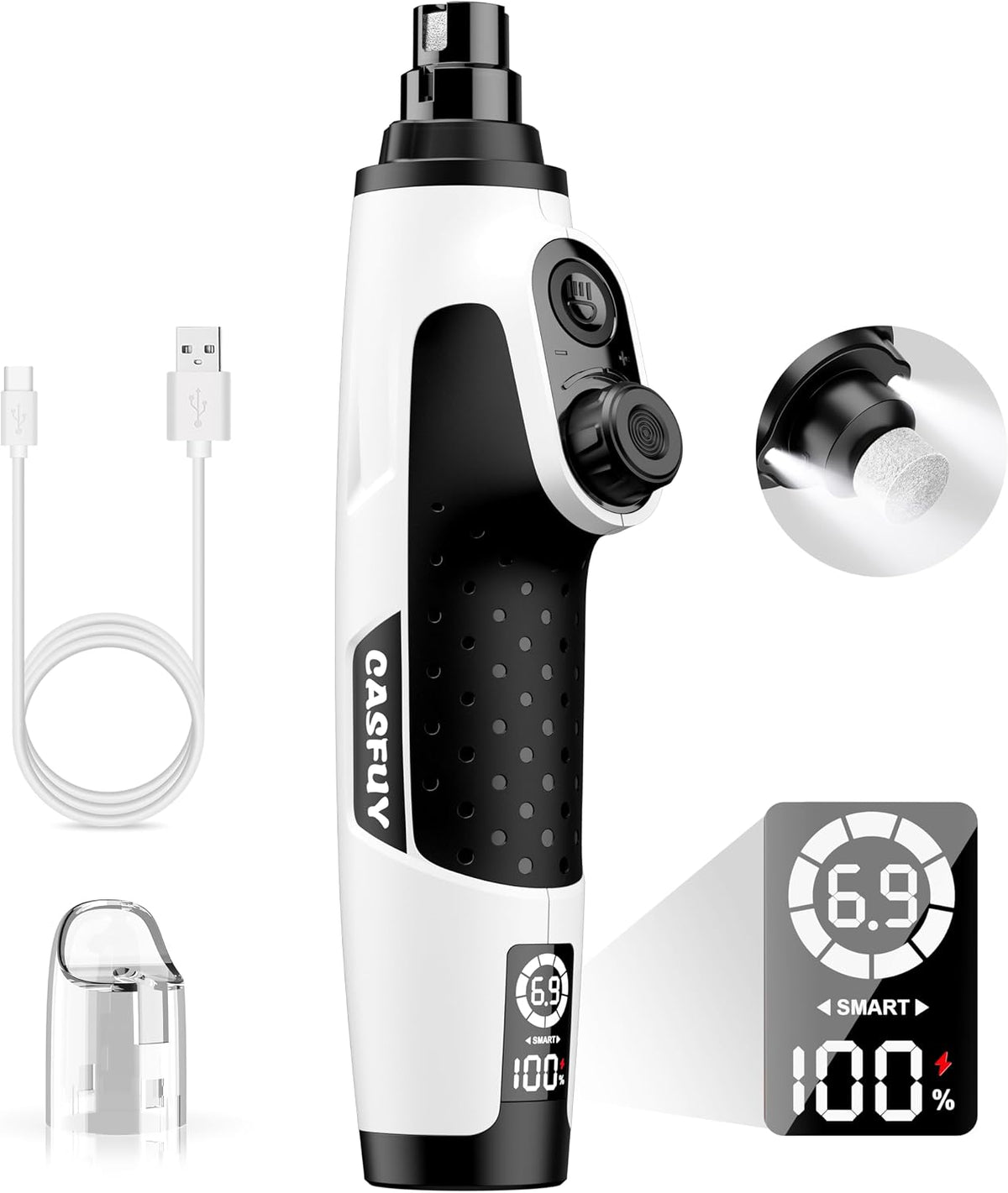 Smart 6-Speed Dog Nail Grinder - 50% More Power Pet Nail Grinder with 2 LED Lights Quiet Rechargeable Electric Dog Nail Trimmers File Toenail Grinder for Large Medium Small Dogs & Cats (White)