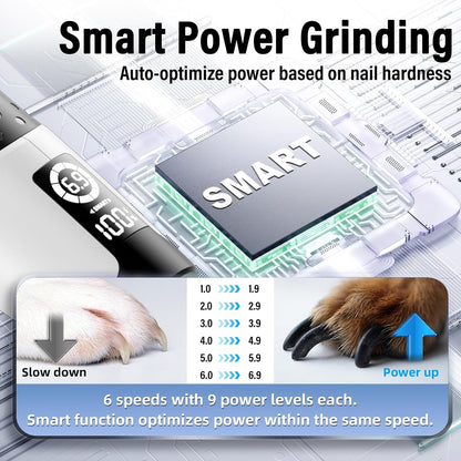 Smart 6-Speed Dog Nail Grinder - 50% More Power Pet Nail Grinder with 2 LED Lights Quiet Rechargeable Electric Dog Nail Trimmers File Toenail Grinder for Large Medium Small Dogs & Cats (White)