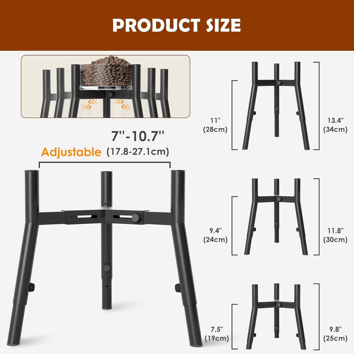 Dog Bowl Stand for Medium Large Dogs, Adjustable Width Elevated Dog Bowls 7-10.6", Raised Dog Food Water Bowls, 11 inch Tall Single Holder, Black,Bowl Not Included