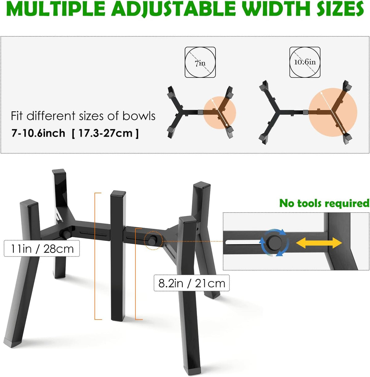 Dog Bowl Stand for Medium Large Dogs, Adjustable Width Elevated Dog Bowls 7-10.6", Raised Dog Food Water Bowls, 11 inch Tall Single Holder, Black,Bowl Not Included