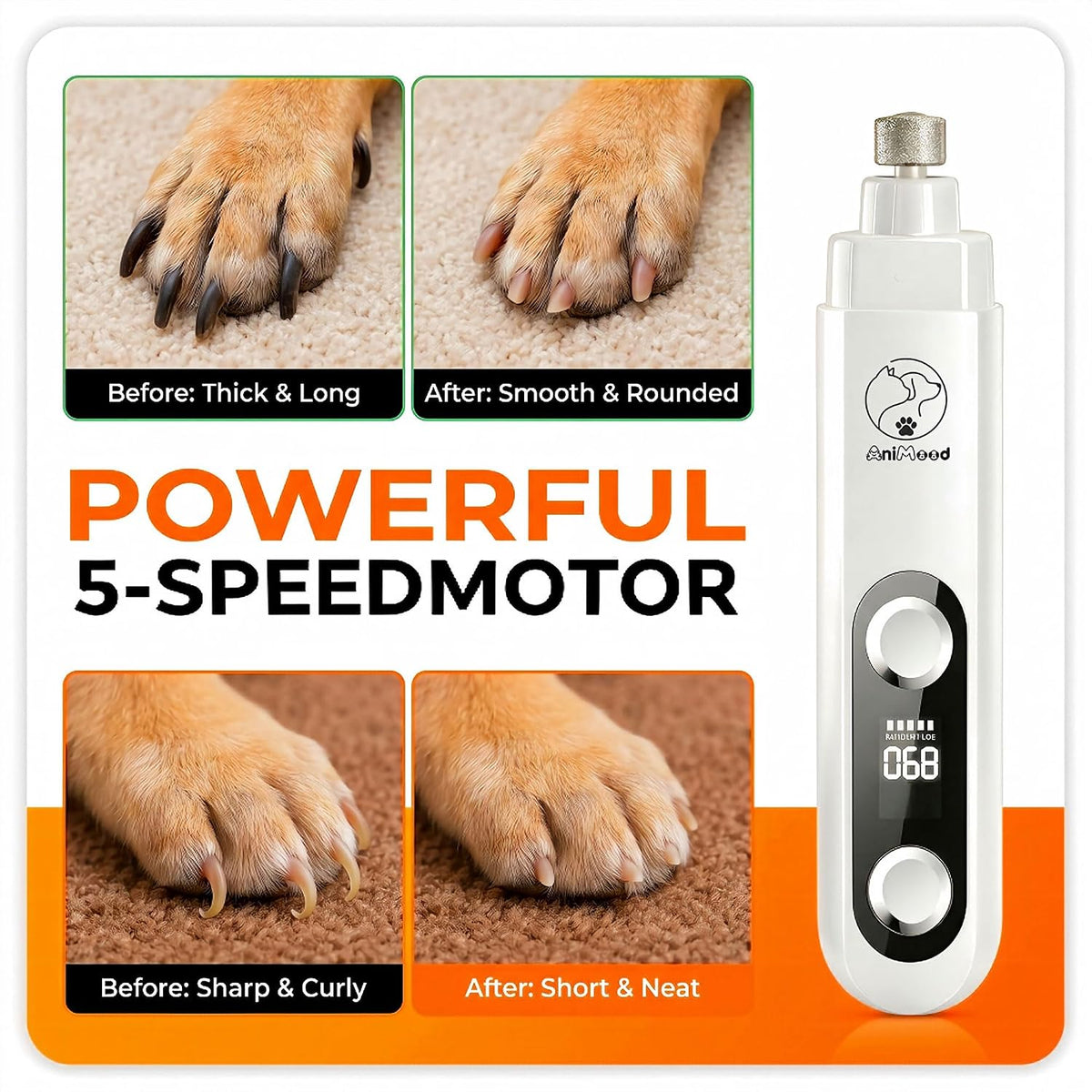 2026 Upgraded 5-Speed Dog Nail Grinder, Ultra Quiet Painless Pet Nail Trimmer with LED Light & Dust Cap, Low Vibration Electric Grooming Tool USB Rechargeable for Small Medium Large Dogs & Cats White