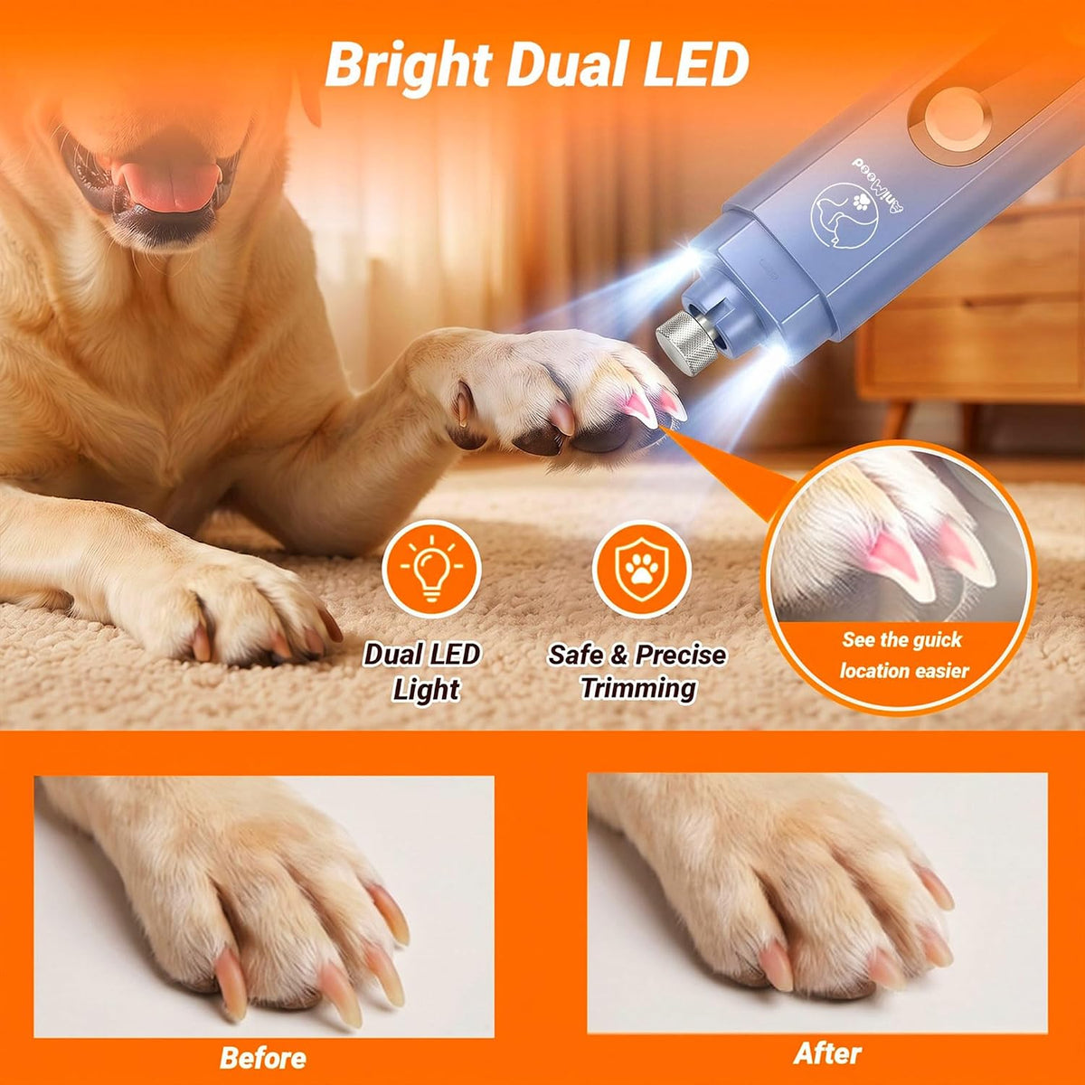 2026 Upgraded 5-Speed Dog Nail Grinder, Ultra Quiet Painless Pet Nail Trimmer with LED Light & Dust Cap, Low Vibration Electric Grooming Tool USB Rechargeable for Small Medium Large Dogs & Cats White