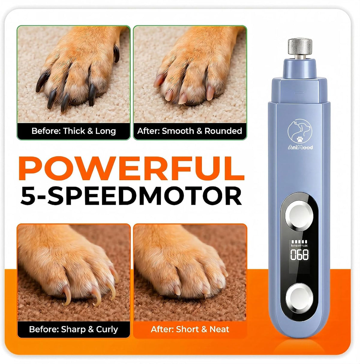 2026 Upgraded 5-Speed Dog Nail Grinder, Ultra Quiet Painless Pet Nail Trimmer with LED Light & Dust Cap, Low Vibration Electric Grooming Tool USB Rechargeable for Small Medium Large Dogs & Cats White