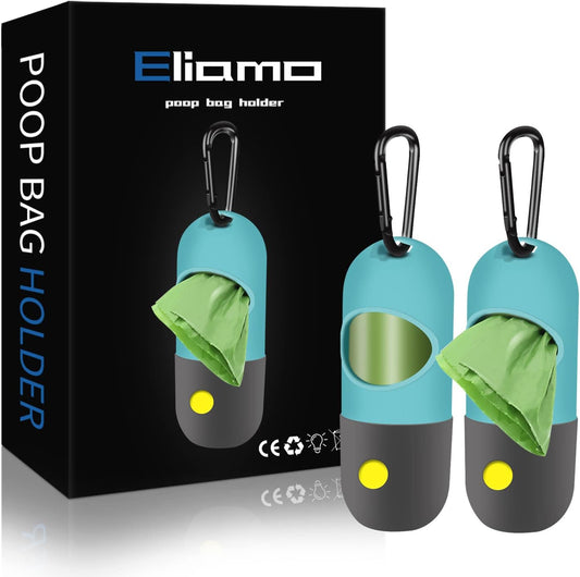 2 Pack Dog Poop Bag Dispenser with Built-in LED Flashlight, Pet Waste Bag Holder for Leash with Carabiner Clip for Lead Leash, 2 Rolls Leak-proof Doggy Waste Bags for Dog Walking, Blue
