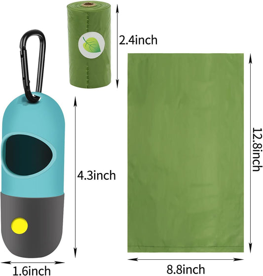 2 Pack Dog Poop Bag Dispenser with Built-in LED Flashlight, Pet Waste Bag Holder for Leash with Carabiner Clip for Lead Leash, 2 Rolls Leak-proof Doggy Waste Bags for Dog Walking, Blue