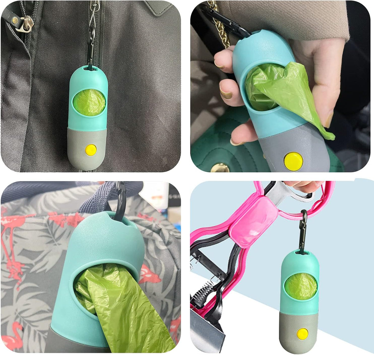 2 Pack Dog Poop Bag Dispenser with Built-in LED Flashlight, Pet Waste Bag Holder for Leash with Carabiner Clip for Lead Leash, 2 Rolls Leak-proof Doggy Waste Bags for Dog Walking, Blue