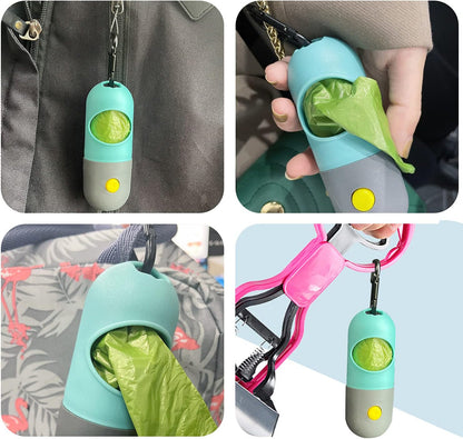 2 Pack Dog Poop Bag Dispenser with Built-in LED Flashlight, Pet Waste Bag Holder for Leash with Carabiner Clip for Lead Leash, 2 Rolls Leak-proof Doggy Waste Bags for Dog Walking, Blue