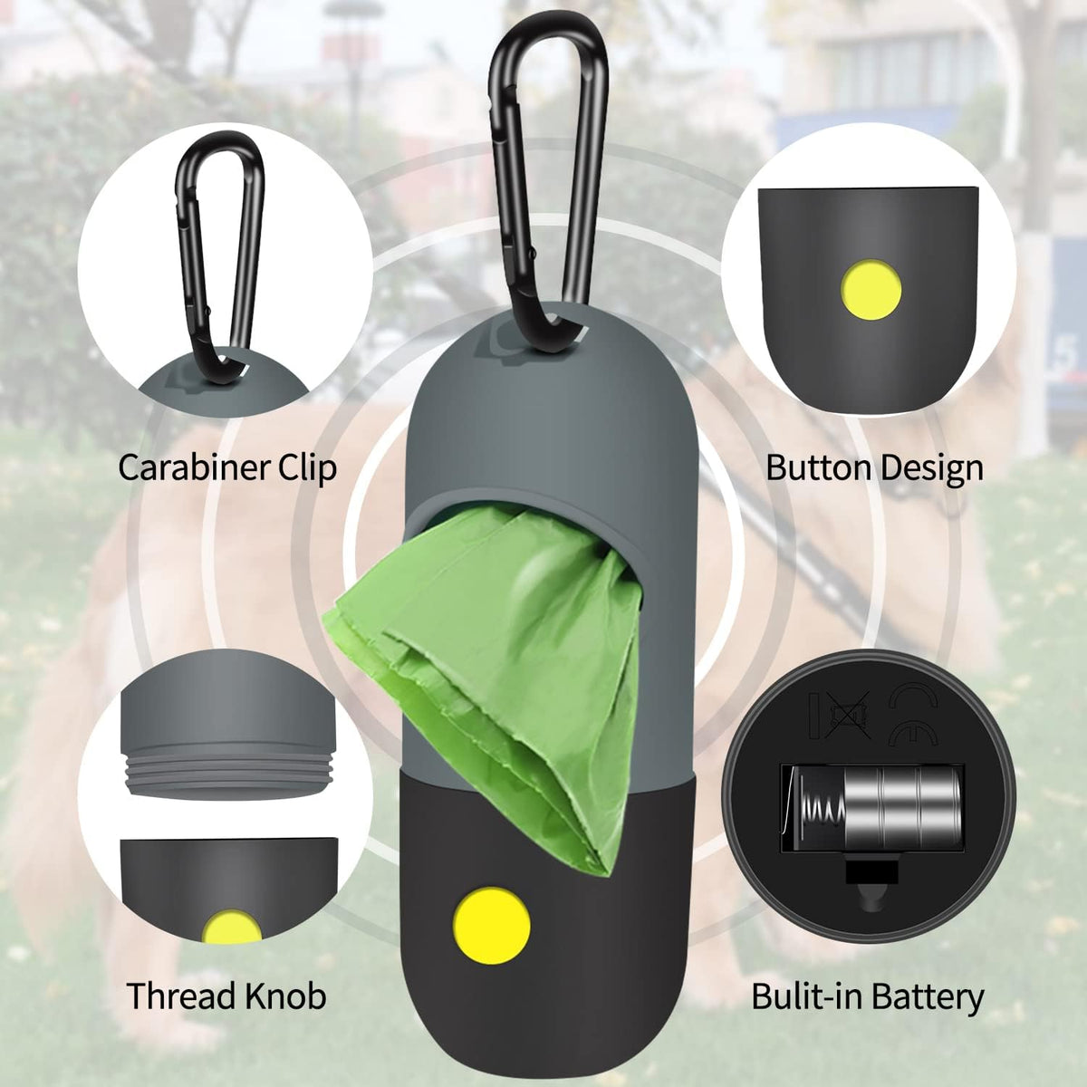 2 Pack Dog Poop Bag Dispenser with Built-in LED Flashlight, Pet Waste Bag Holder for Leash with Carabiner Clip for Lead Leash, 2 Rolls Leak-proof Doggy Waste Bags for Dog Walking, Blue