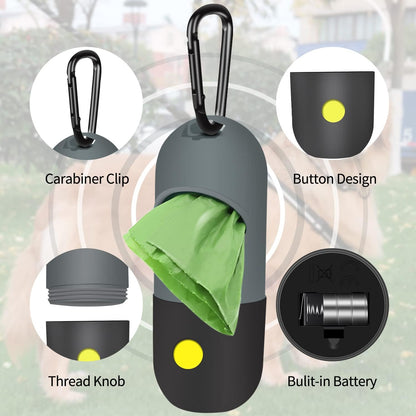 2 Pack Dog Poop Bag Dispenser with Built-in LED Flashlight, Pet Waste Bag Holder for Leash with Carabiner Clip for Lead Leash, 2 Rolls Leak-proof Doggy Waste Bags for Dog Walking, Blue