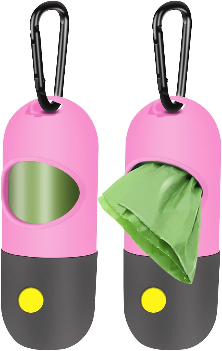 2 Pack Dog Poop Bag Dispenser with Built-in LED Flashlight, Pet Waste Bag Holder for Leash with Carabiner Clip for Lead Leash, 2 Rolls Leak-proof Doggy Waste Bags for Dog Walking, Blue