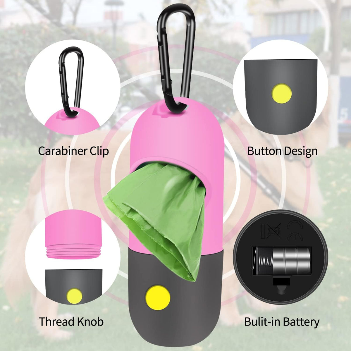 2 Pack Dog Poop Bag Dispenser with Built-in LED Flashlight, Pet Waste Bag Holder for Leash with Carabiner Clip for Lead Leash, 2 Rolls Leak-proof Doggy Waste Bags for Dog Walking, Blue