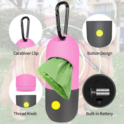 2 Pack Dog Poop Bag Dispenser with Built-in LED Flashlight, Pet Waste Bag Holder for Leash with Carabiner Clip for Lead Leash, 2 Rolls Leak-proof Doggy Waste Bags for Dog Walking, Blue