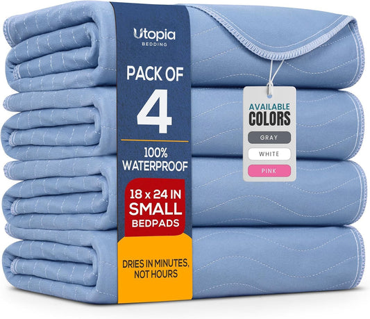 4 Pack Waterproof Reusable Heavy Absorbency Incontinence Bed Pads 34"x52" | Washable Underpads, Chuck Pads for Adults, Kids, Elderly and Pets, Bedwetting Pads for Sofa and Couch, Blue