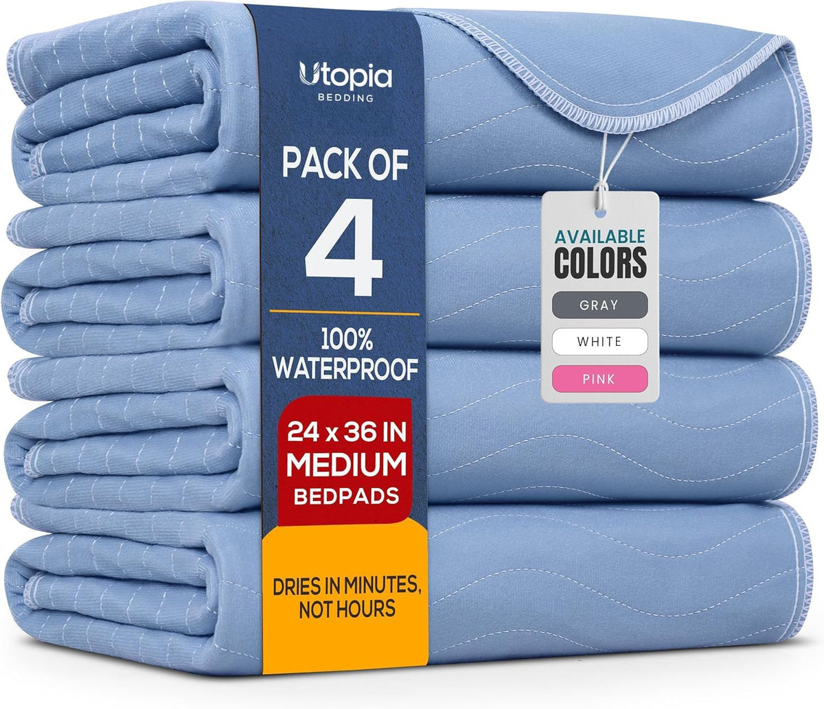 4 Pack Waterproof Reusable Heavy Absorbency Incontinence Bed Pads 34"x52" | Washable Underpads, Chuck Pads for Adults, Kids, Elderly and Pets, Bedwetting Pads for Sofa and Couch, Blue