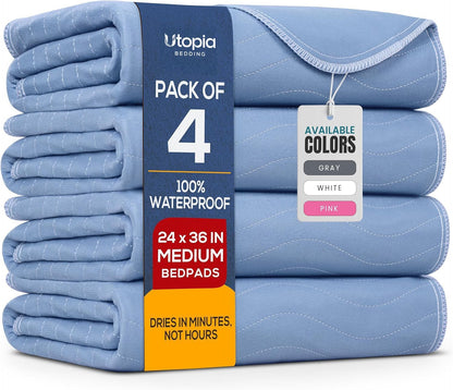 4 Pack Waterproof Reusable Heavy Absorbency Incontinence Bed Pads 34"x52" | Washable Underpads, Chuck Pads for Adults, Kids, Elderly and Pets, Bedwetting Pads for Sofa and Couch, Blue