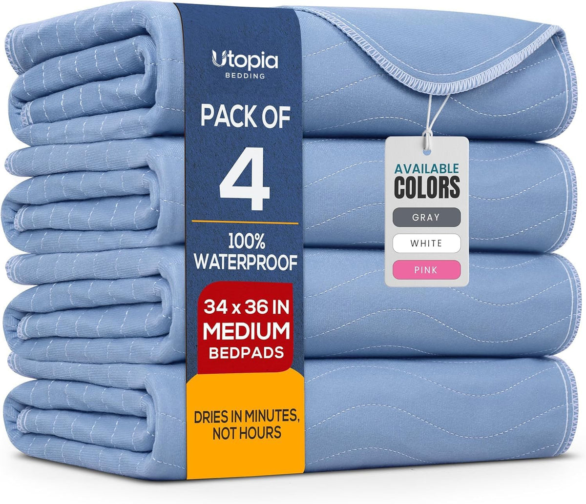 4 Pack Waterproof Reusable Heavy Absorbency Incontinence Bed Pads 34"x52" | Washable Underpads, Chuck Pads for Adults, Kids, Elderly and Pets, Bedwetting Pads for Sofa and Couch, Blue