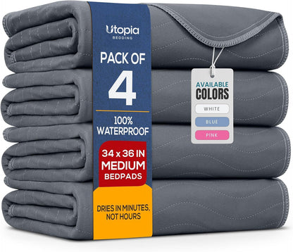 4 Pack Waterproof Reusable Heavy Absorbency Incontinence Bed Pads 34"x52" | Washable Underpads, Chuck Pads for Adults, Kids, Elderly and Pets, Bedwetting Pads for Sofa and Couch, Blue