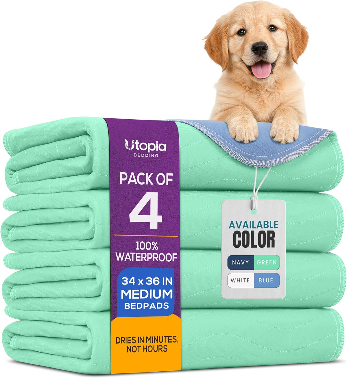 4 Pack Waterproof Reusable Heavy Absorbency Incontinence Bed Pads 34"x52" | Washable Underpads, Chuck Pads for Adults, Kids, Elderly and Pets, Bedwetting Pads for Sofa and Couch, Blue