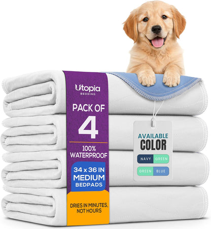 4 Pack Waterproof Reusable Heavy Absorbency Incontinence Bed Pads 34"x52" | Washable Underpads, Chuck Pads for Adults, Kids, Elderly and Pets, Bedwetting Pads for Sofa and Couch, Blue