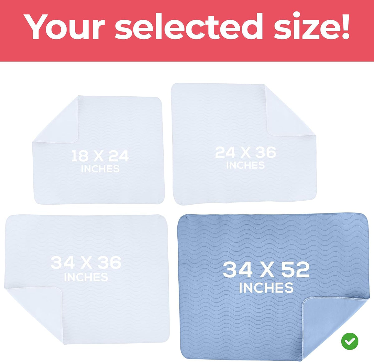 4 Pack Waterproof Reusable Heavy Absorbency Incontinence Bed Pads 34"x52" | Washable Underpads, Chuck Pads for Adults, Kids, Elderly and Pets, Bedwetting Pads for Sofa and Couch, Blue