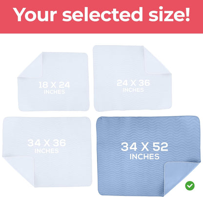 4 Pack Waterproof Reusable Heavy Absorbency Incontinence Bed Pads 34"x52" | Washable Underpads, Chuck Pads for Adults, Kids, Elderly and Pets, Bedwetting Pads for Sofa and Couch, Blue