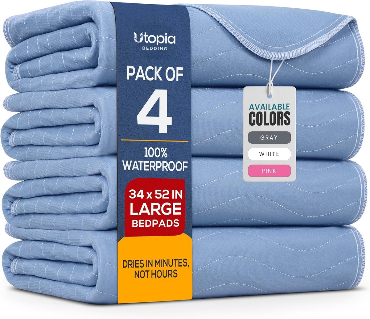 4 Pack Waterproof Reusable Heavy Absorbency Incontinence Bed Pads 34"x52" | Washable Underpads, Chuck Pads for Adults, Kids, Elderly and Pets, Bedwetting Pads for Sofa and Couch, Blue