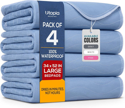 4 Pack Waterproof Reusable Heavy Absorbency Incontinence Bed Pads 34"x52" | Washable Underpads, Chuck Pads for Adults, Kids, Elderly and Pets, Bedwetting Pads for Sofa and Couch, Blue