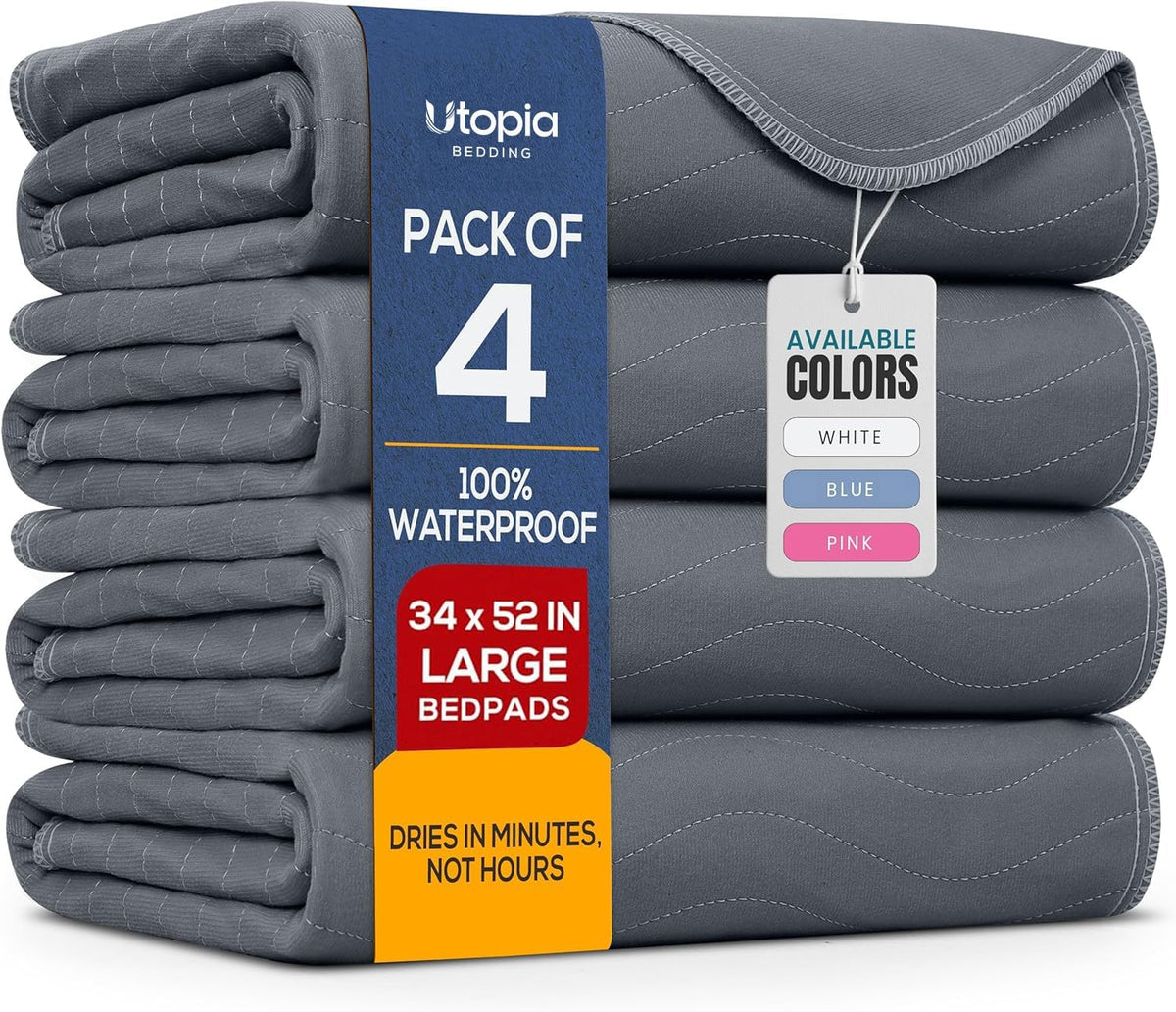 4 Pack Waterproof Reusable Heavy Absorbency Incontinence Bed Pads 34"x52" | Washable Underpads, Chuck Pads for Adults, Kids, Elderly and Pets, Bedwetting Pads for Sofa and Couch, Blue