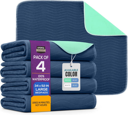 4 Pack Waterproof Reusable Heavy Absorbency Incontinence Bed Pads 34"x52" | Washable Underpads, Chuck Pads for Adults, Kids, Elderly and Pets, Bedwetting Pads for Sofa and Couch, Blue