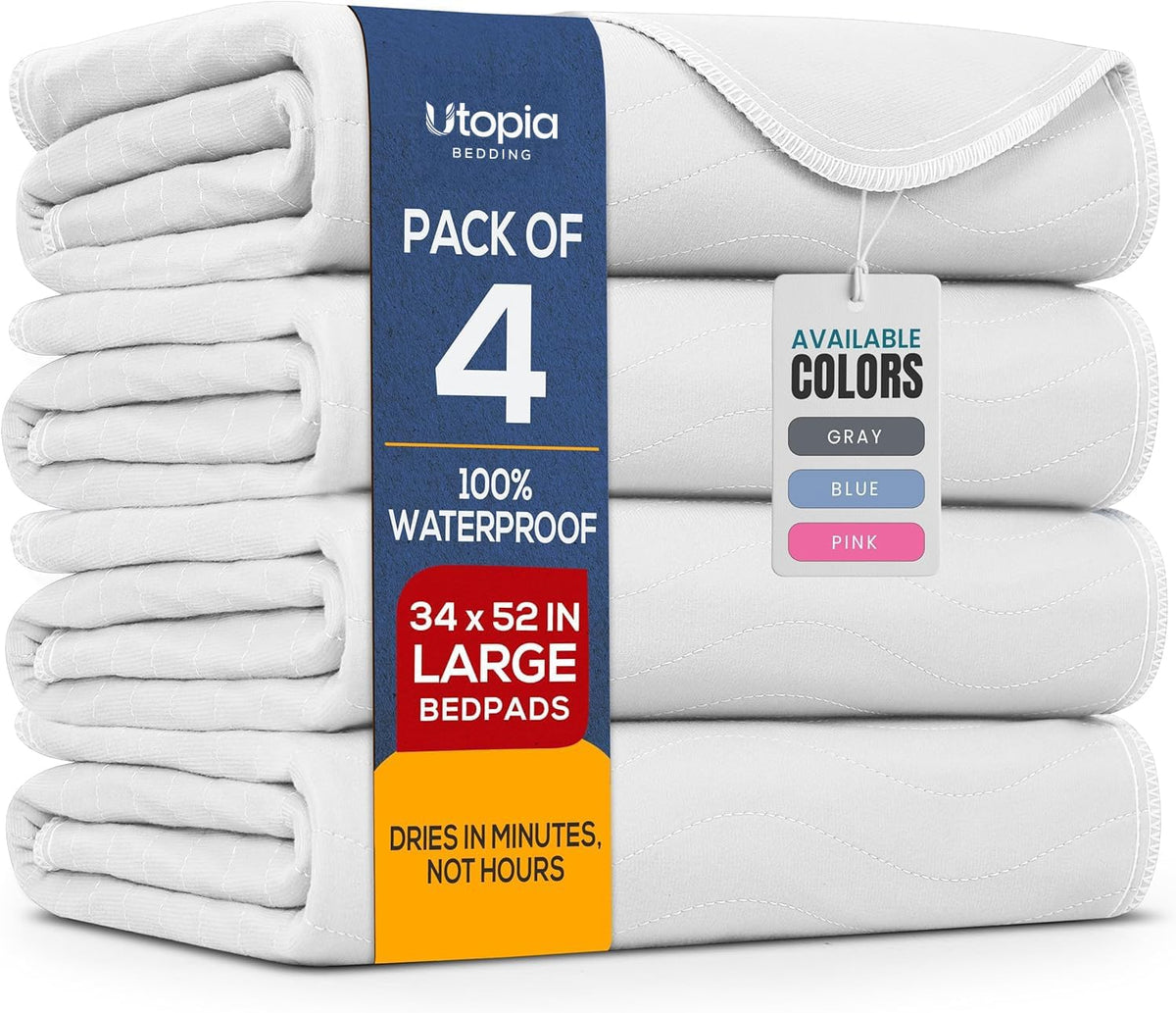 4 Pack Waterproof Reusable Heavy Absorbency Incontinence Bed Pads 34"x52" | Washable Underpads, Chuck Pads for Adults, Kids, Elderly and Pets, Bedwetting Pads for Sofa and Couch, Blue