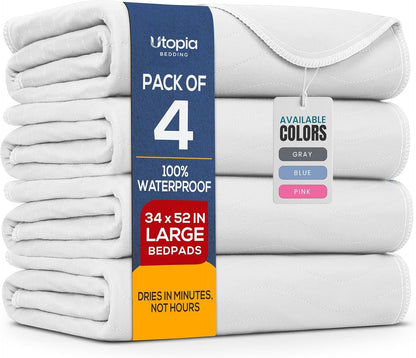4 Pack Waterproof Reusable Heavy Absorbency Incontinence Bed Pads 34"x52" | Washable Underpads, Chuck Pads for Adults, Kids, Elderly and Pets, Bedwetting Pads for Sofa and Couch, Blue