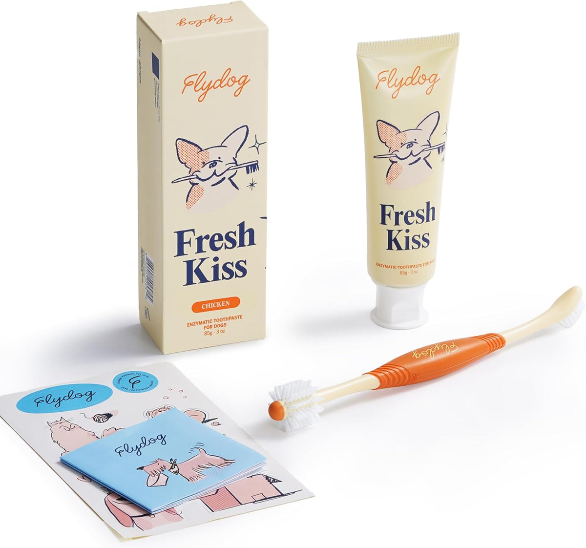FlyDog Fresh Kiss Dog Tooth Brushing Kit, Enzymatic Dog Toothbrush and Toothpaste- Vet Approved Formula, Breath Freshener & Tartar Remover, 360° Toothbrush for All Round Cleaning (Mild Mint)