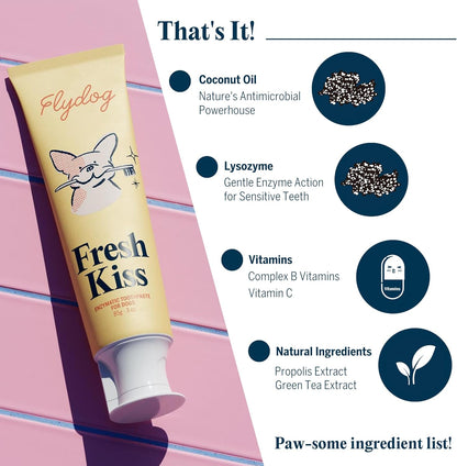 FlyDog Fresh Kiss Dog Tooth Brushing Kit, Enzymatic Dog Toothbrush and Toothpaste- Vet Approved Formula, Breath Freshener & Tartar Remover, 360° Toothbrush for All Round Cleaning (Mild Mint)