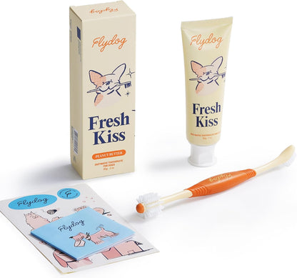 FlyDog Fresh Kiss Dog Tooth Brushing Kit, Enzymatic Dog Toothbrush and Toothpaste- Vet Approved Formula, Breath Freshener & Tartar Remover, 360° Toothbrush for All Round Cleaning (Mild Mint)