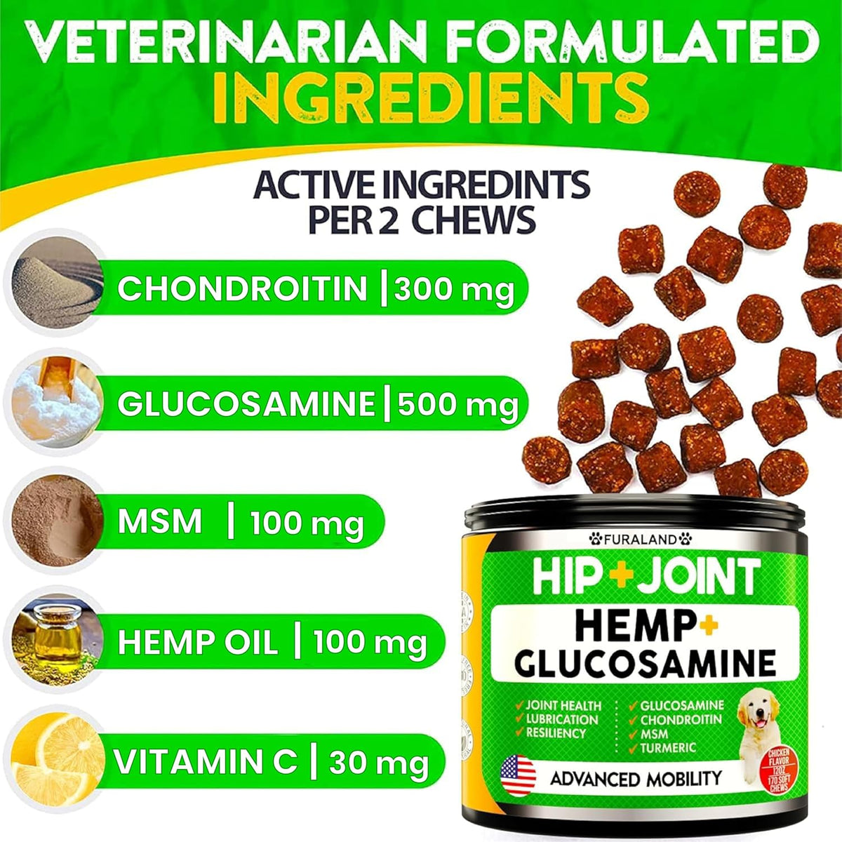 Hemp Hip and Joint Supplement for Dogs - Glucosamine for Dogs - 170 Ct