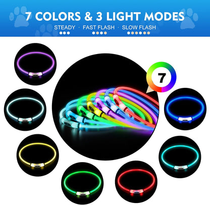 Lighted Dog Collar, Rechargeable 7 Colors Changing Light Up Dog Collar, IP67 Waterproof LED Collar Glow in the Dark, Make Pet Visible and Safety for Night Walking,Outdoor, for All Dogs